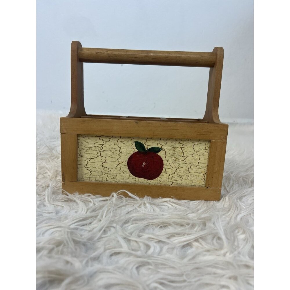 90s Vintage Farmhouse Country Utensil/Pen Caddy Wood Basket Painted Apple Boho
